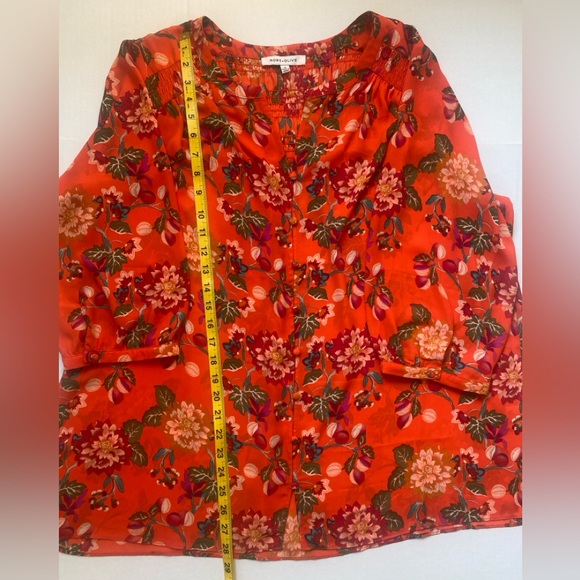 Rose & Olive Floral Blouse Size 1X 3/4 Sleeves Button Down V-Neck Shirred Back - Picture 13 of 16